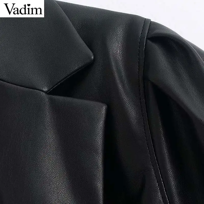 Vadim Женский Стильный блейзер из искусственной кожи с галстуком-бабочкой и зубчатым воротником, пальто с длинным рукавом, женские черные базовые Топы CA622
