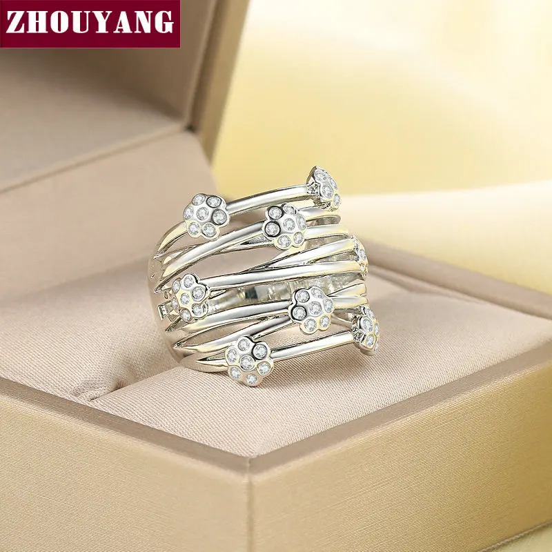 

ZHOUYANG Ring For Women Exaggerated Finger Knuckle Plum Blossom Style Silver Color Hollow Out Fashion Jewelry R845