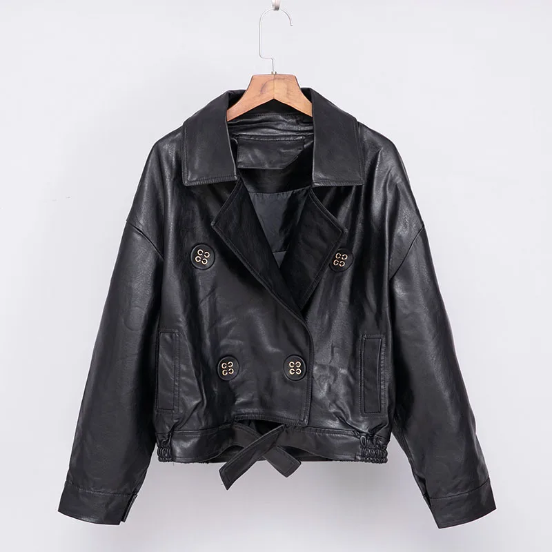 

Europe Short PU Faux Leather Jacket Women Long Sleeve Black Coat Spring Autumn Fashion Streetwear Moto Biker Button Clothes 2019