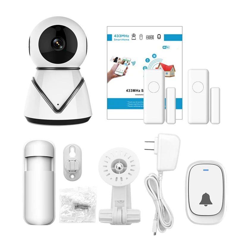 

Wifi Camera Kit Home Security Pan Tilt Camera System With 2 Pack Door/Window Sensors And Pir Detector Wireless Doorbell Night-Vi