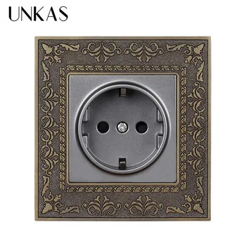 

UNKAS 16A EU Standard Power Socket 4D Embossing Retro Zinc Alloy Panel Wall Power Socket AC 110~250V