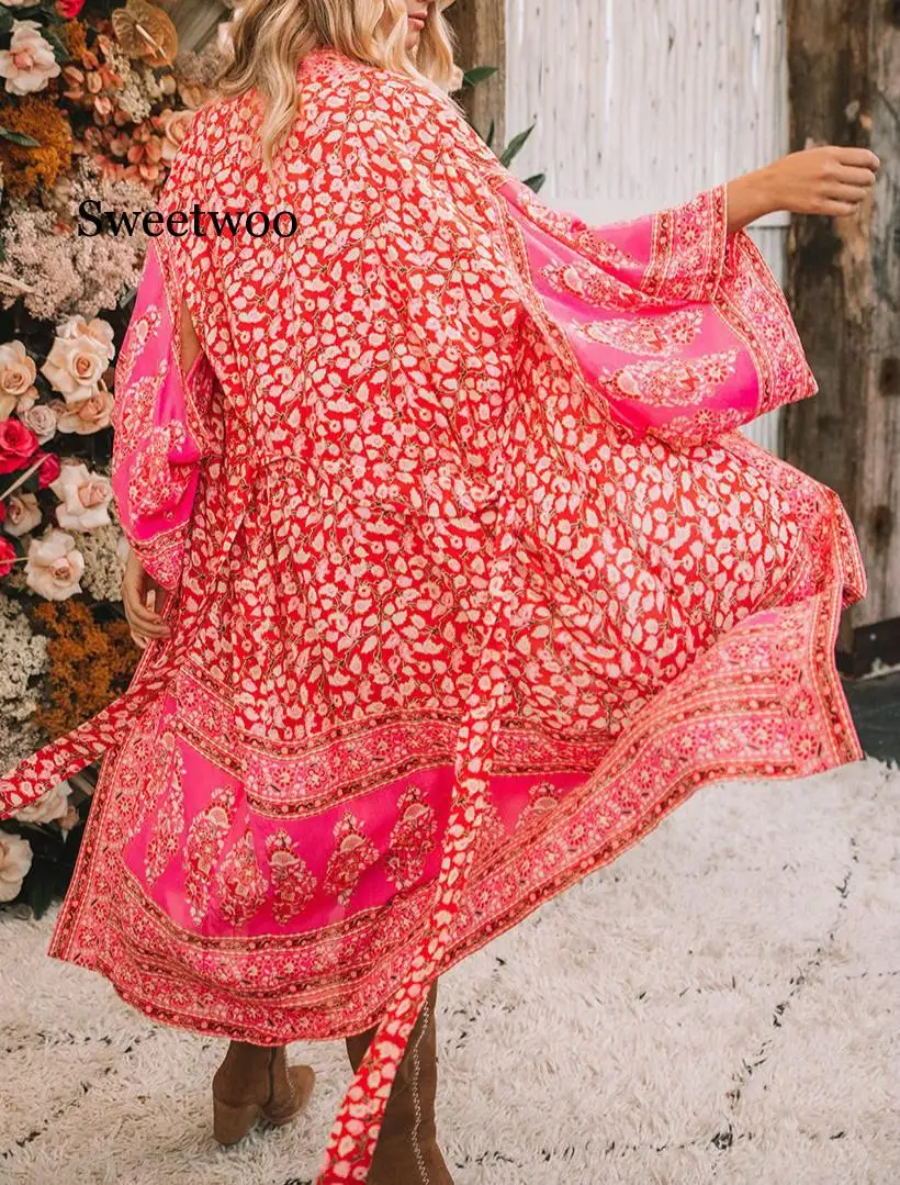 Women Boho Beach Summer Holiday kimono Cardigan Loose Long Blouse Floral Travel vacation