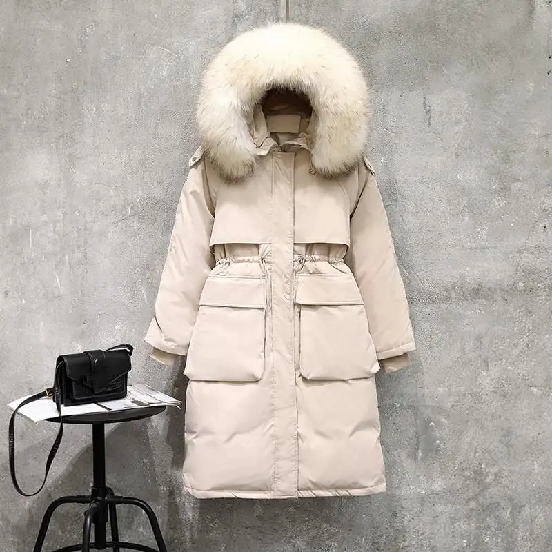 

Large Real Sash Tie Up Long Down Paaded Jacket Winter Women Duck Down Paaded Parka Solid Warm Loose Thick Fur Collar Coat