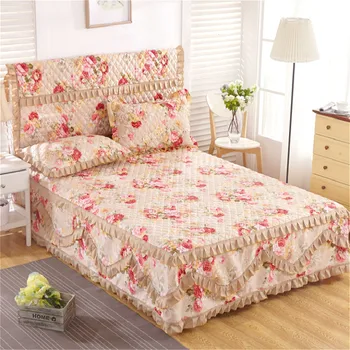

Quilted Sheet&pillowcase Set 3pcs/set 100% Cotton Thicken Bed Skirt+2 Pillowcase Padded Bed Cover Cotton Home Bed Dust Ruffles