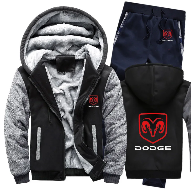 Зимняя мужская толстовка с капюшоном Dodge Car Logo, мужские толстовки с капюшоном, костюм толстый теплый флис, хлопковый спортивный костюм на молнии, мужская куртка+ штаны, комплекты из 2 предметов