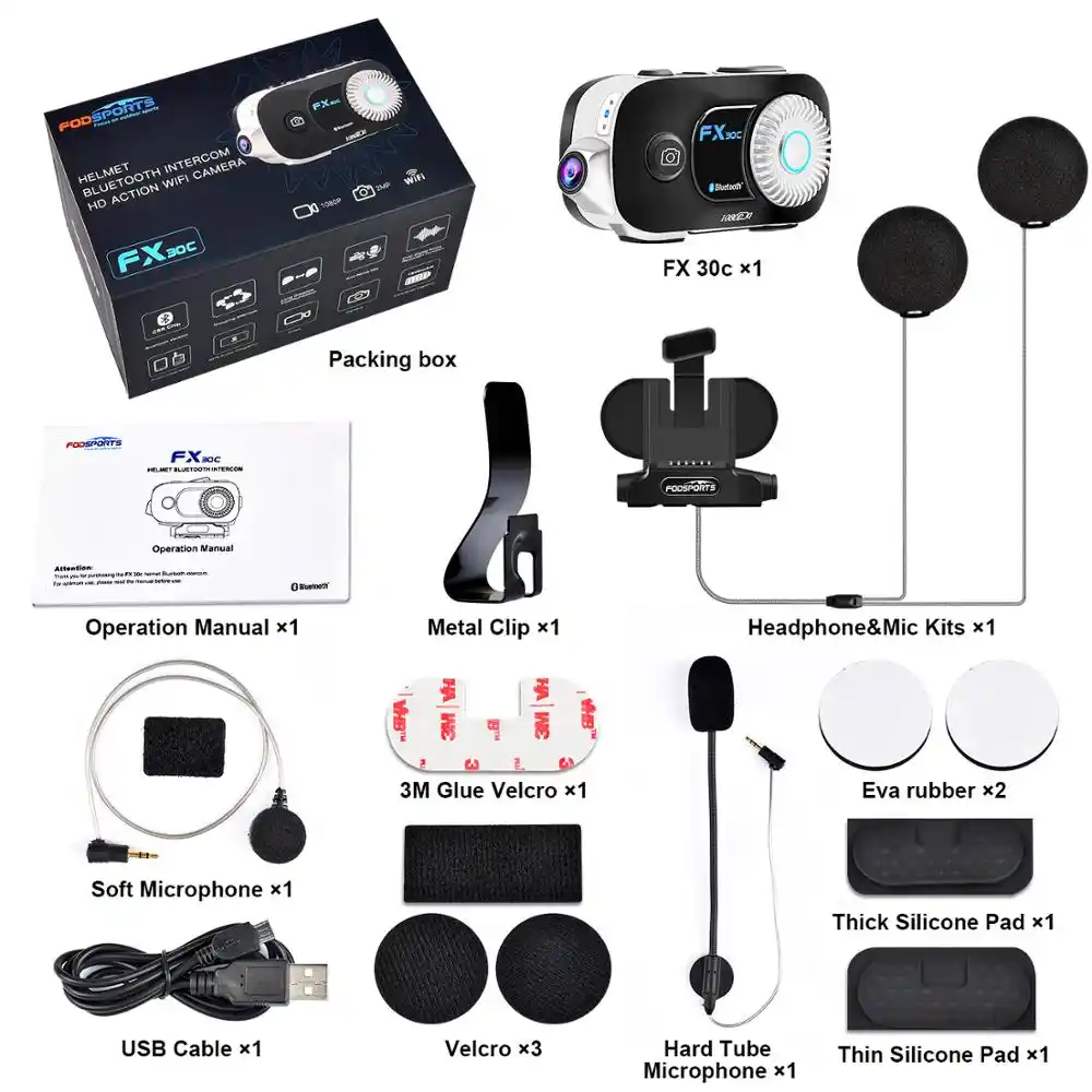 Fodsports FX30c Intercom Bluetooth Pour Moto Avec Basses Puissantes,Cam/éRa 1080p Grand Angle 110/°,Syst/èMe De Communication Avec Casque Bluetooth Jusqu/à 6 Coureurs Avec WIFI Autonomie De 1800mAh