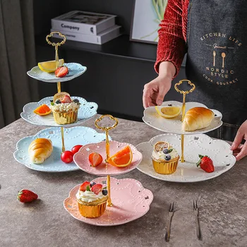 

three layer tray fruit plate living room household ceramic creative candy double layer wedding plate pastry display rack