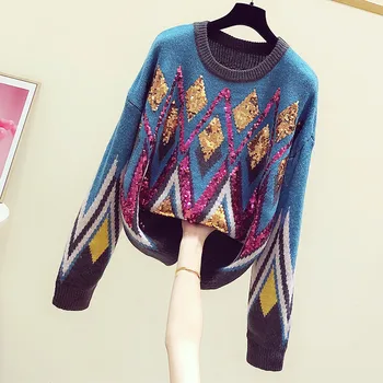 

2019 Autumn Winter New Korean Version Fine Diamond Sequins Color Sweater Women's Casual Loose Sleeve Knitted Pullover,A315
