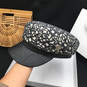 

Tweed knitting splicing navy military hat of new fund of 2019 autumn winters is ms joker fashion street agitation Military Hats