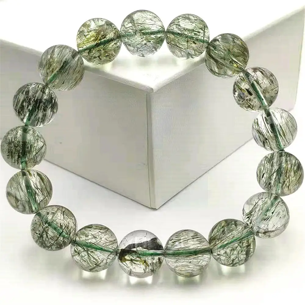 

Natural Green Rutilated Tourmilated Quartz Clear Crystal 12.5mm Round Beads Bracelet Women Men Fashion Best Clear Stone AAAAA