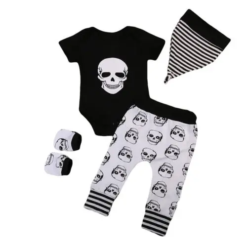 

0-18M Newborn Toddler Baby Boy Casual Outfits Clothes Short Sleeve Tops Romper And Long Pants Hats 4 PCS