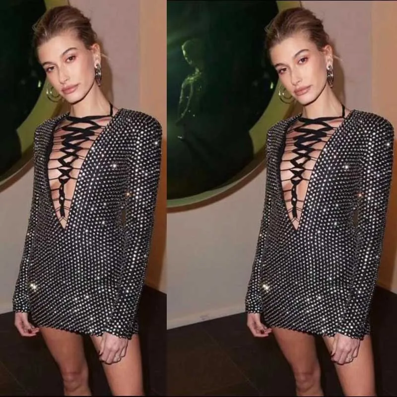 Wholesale New Luxury Fashion woman's dress black long sleeve Deep V-neck Rhinestones Beaded Sexy celebrity cocktail party | Женская