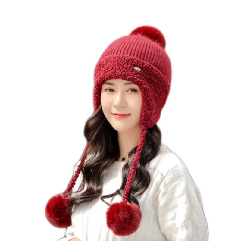 

Women Autumn Winter Lamb Cashmere Blend Beanie Pompom Fur Knitted Hat Fashion Sweet Warm Earflap Cap Elasric Outdoors Skullcap