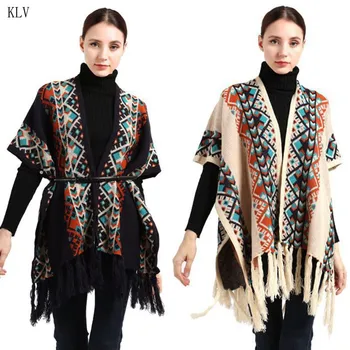 

Ethnic Style Oversized Scarf Geometric Stripes Contrast Color Cardigan Sweater Womens Winter Tassels Shawl Wrap Blanket