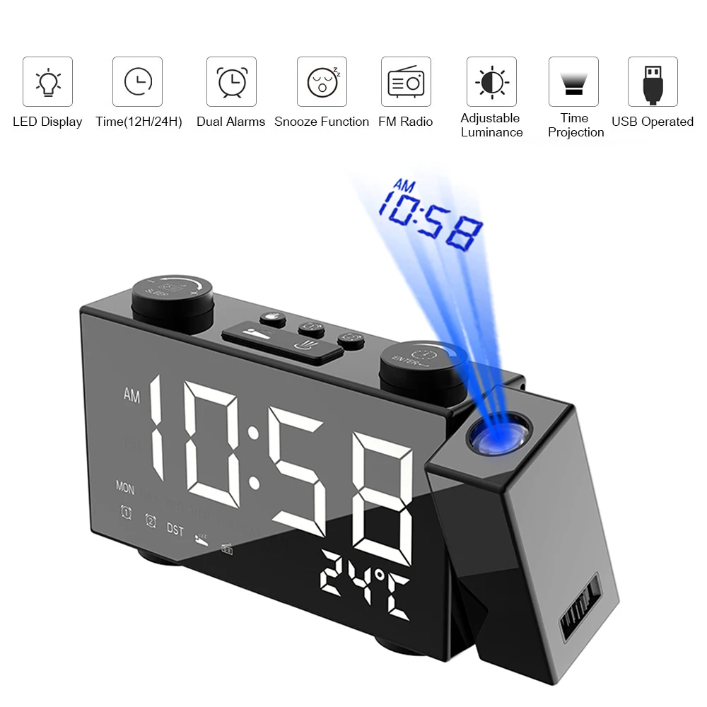 Digital Alarm Clock FM Projection Radio Alarm Clock with Snooze Thermometer Table Clock USB LEDs Alarm Clocks