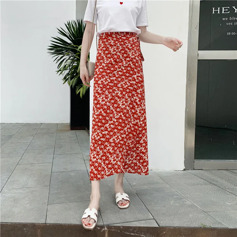 Women Bohemian Lace-up Sunscreen Skirt Irregular Split Bag Hip Various Wearing Floral Print Chiffon Holiday Long Skirt