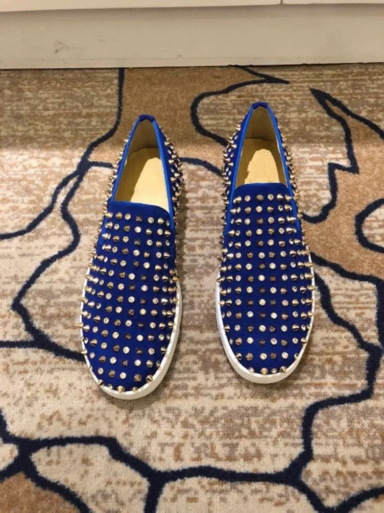 Luxury designer shoes Rivets Red bottom for men loafers Genuine leather Blue slip on Italian vip man casual | Обувь