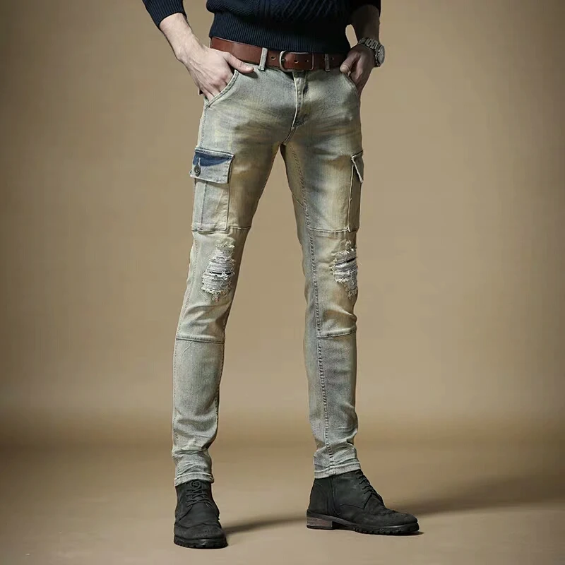 Free shipping new fashion men's male casual jeans retro stretch hip hop street slim hole slim stitching pants denim overalls