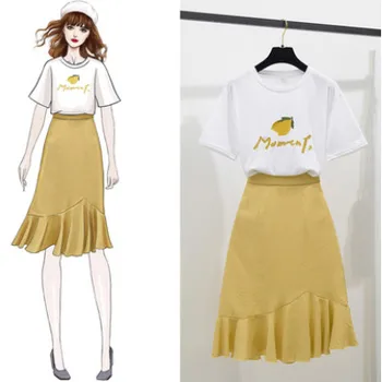 

Print Short Sleeve White T-Shirt Bodycon Plaid Midi Fishtail Skirt Women's Two Piece Suit Sweet Dress