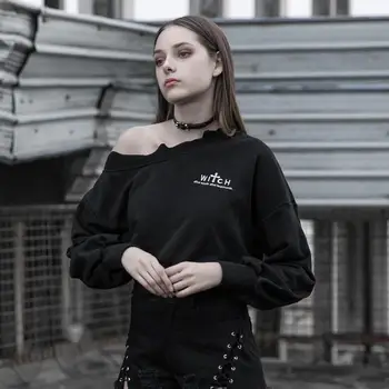 

PUNK RAVE Girl's Gothic Sexy Off Shoulder Sweatshirt Halloween Witch Long Sleeved Gothic Punk T-shirts