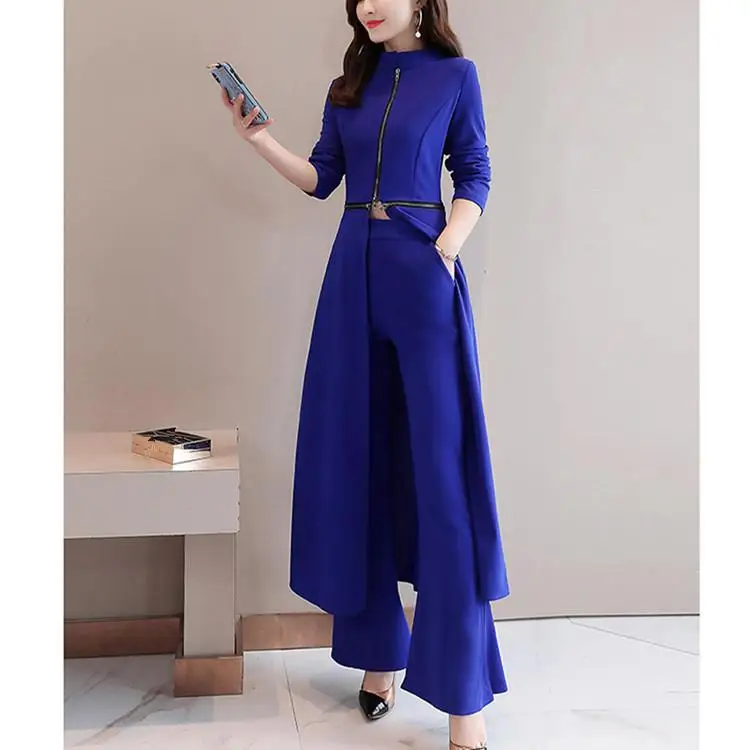 

Women Long Tops Wide Leg Pants Set 2019 Autumn Solid Color Zipper Long Sleeve Two Piece Suit Work Outfits