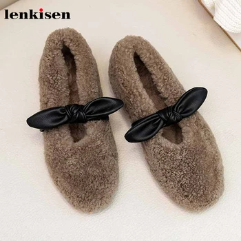 

Lenkisen sweet bowtie lambswool soft flat with shoes round toe keep warm comfortable women daily wear fashion classic shoes L11
