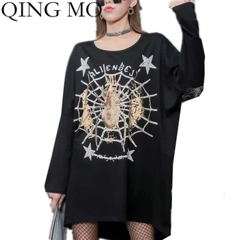 

QING MO Black Women Spider Web Printed T Shirt 2020 Spring Women Plus Size Loose T Shirt Female Batwing Sleeve T Shirt ZQY3362