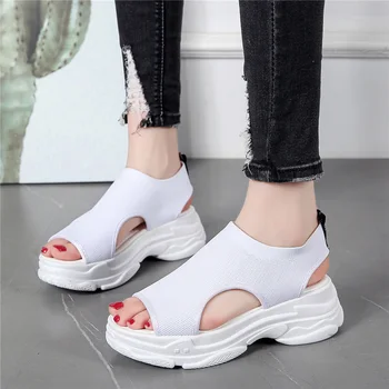 

2020 New Women Sandals Stretch Knit Casual Summer Beach Shoes Female Slip on Peep Toe Platform Sandal White Black Shoes Woman