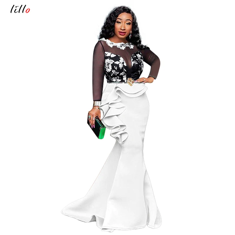 Najtaniej Ubranie afrykańskie Plus rozmiar Bodycon Party sukienka syrenka seksowna przezroczysta siateczka Ruffles kobieta wieczór weselny Maxi sukienka trąbka