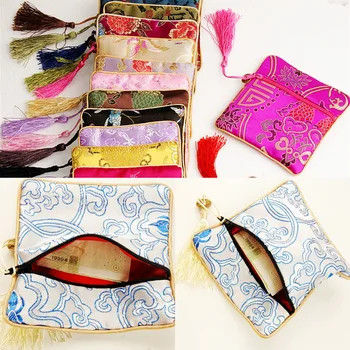 

New Fashion Chinese Silk Brocade Coin Purses Zipper Small Jewelry Bag with Tassels Universal Phone Bag Children Favors Gifts