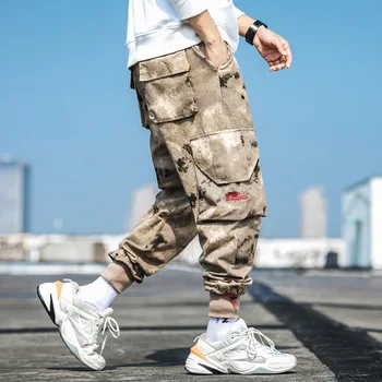 

Spring Summer Cargo Pants Men Camouflage Multi-pockets Military Trousers Men Ealstic Waist Drawstring Kpop Clothes Mens Pants