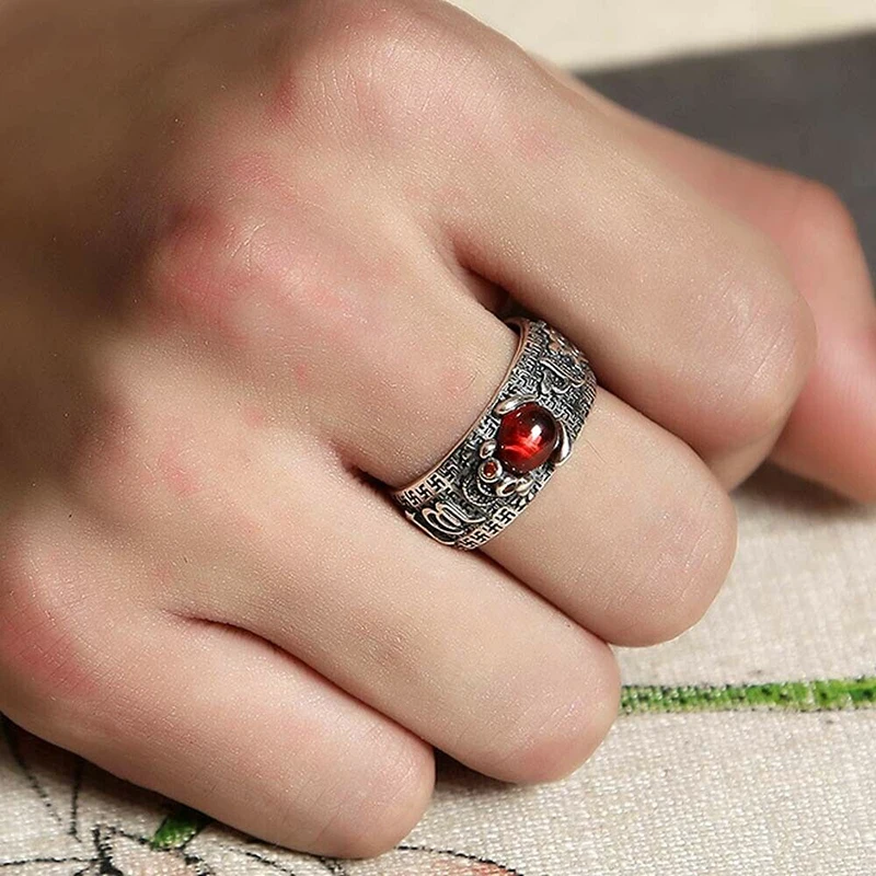 Винтажное серебряное кольцо с резным красным камнем Pi Xiu зверь для мужчин и