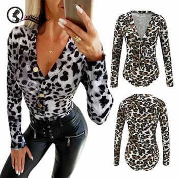 

2019 Women Sexy Bodysuits Leopard Print Jumpsuits V-Neck Long Sleeve Loose Playsuit Party Club Fashion Jumpsuit