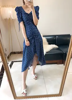 

Women Dresses 2019 New Arrival Printed V-neck Asymmetric Drawstring Short-sleeved Dress
