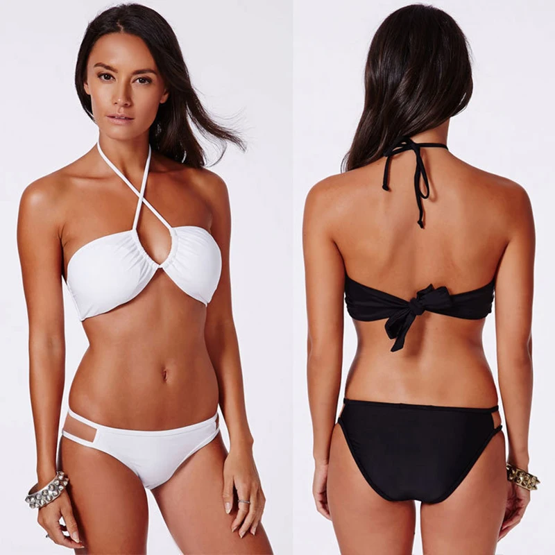 Sexy Bikini Solid Bandage Bikinis Set White Push Up Swimwear Bandeau Brazilian Swimsuit Bathing Suit Maillot De Bain |
