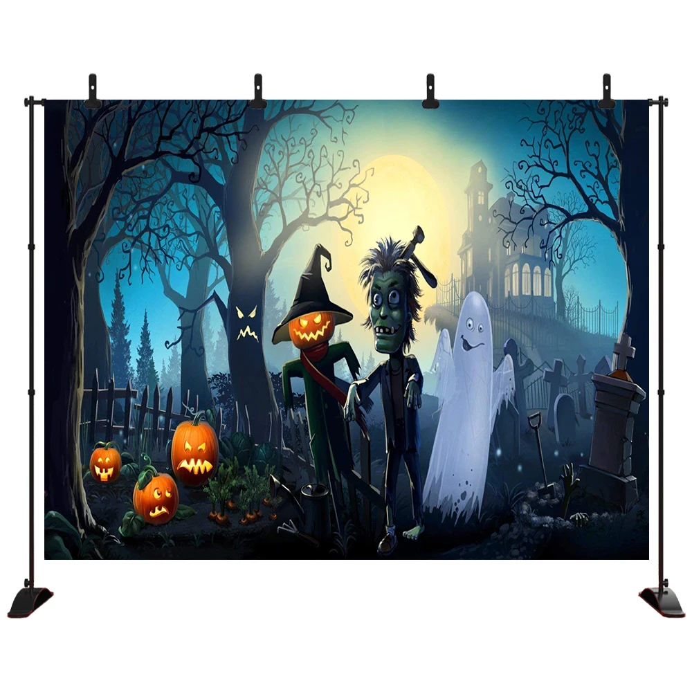 

Halloween Cartoon Castle ghost pumpkin man Frankenstein trees full moon Photography Background Portrait Photo Studio Props
