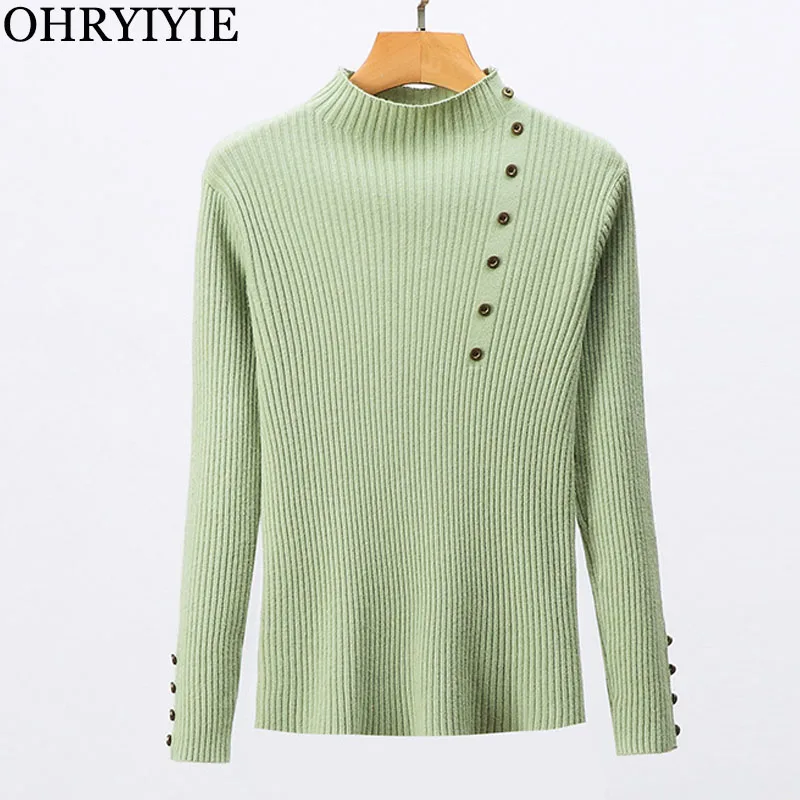 

OHRYIYIE Casual Solid Color Autumn Winter Women Half Turtleneck Sweater Pullovers Long Sleeve Button Chic Sweater Female Jumper