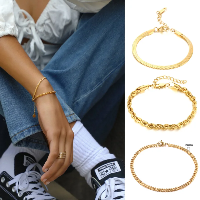 Bracciale A Catena Con Graffetta Per Donna, Braccialetti A Maglie Rettangolari In Acciaio Inossidabile Color Oro, Gioielli A Strati Per Ragazze Delicati Con Cavo - Foto 4