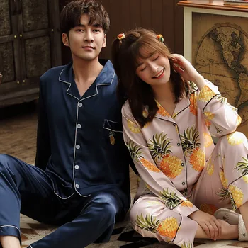 

Silk Pajamas Set Long Sleeve Sleepwear Couple Button Down Nightwear Soft Pj Lounge Sets M-XXXL