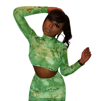 

2020 Summer Women Sets Print Dress Mesh Tops Skirts Suits Sexy Sexy Elegant Two Piece Set Night Club Party Tracksuits Beach