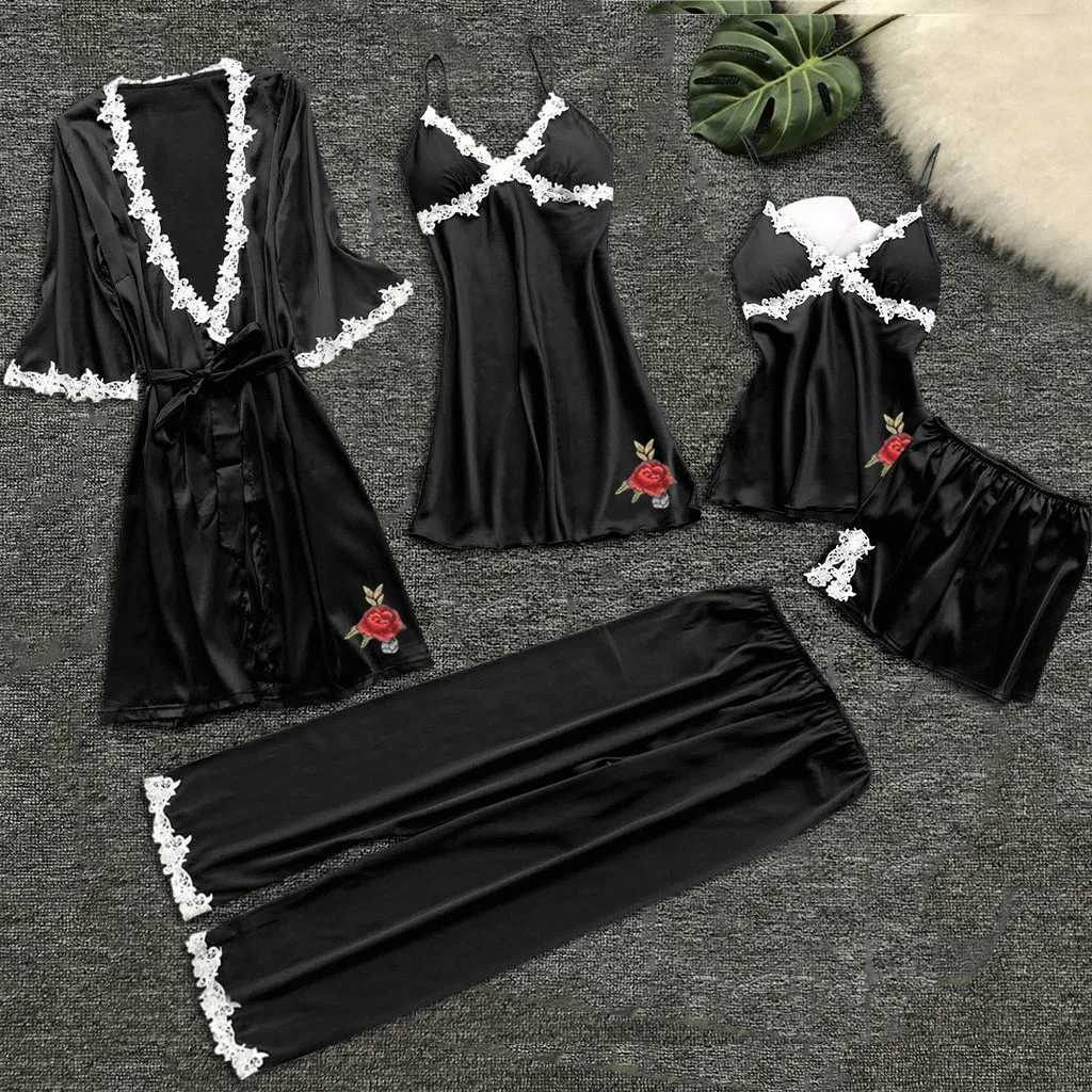 

5PCS Robe &Gown Sets Women Sexy Lace Lingerie Nightwear Underwear Babydoll Sleepwear Dress Womens Sleep Set Bathrobe+Night Dress