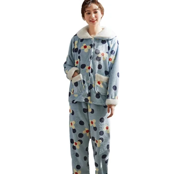 

2pcs Winter women Pajamas Set Flannel long sleeve Tracksuits for Woman Pyjamas Suit Thick Coral Fleece Ladies Sleepwear Set