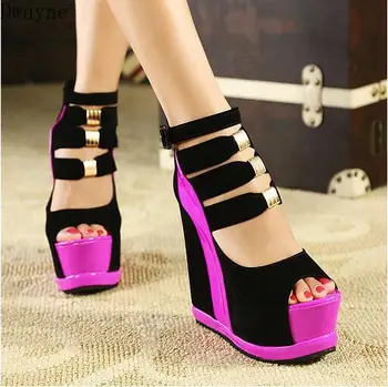 

Woman Shoes 2019 Summer Genuine Women Platform Thick Soles Sandals Wedges High heel 14cm Peep Toe Mixed Colors Sexy Shoes