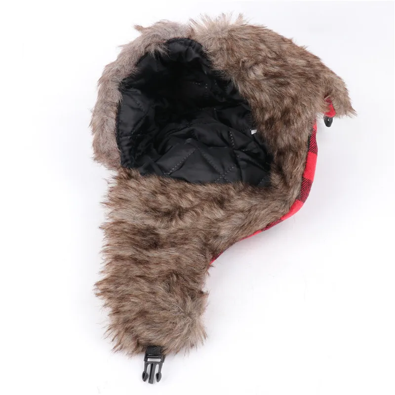 CAMOLAND Plaid Design Winter Bomber Hats Women Men Thermal Faux Berber Fleece Earflap Cap Russian Ushanka Hat With Goggles bomber trapper hat