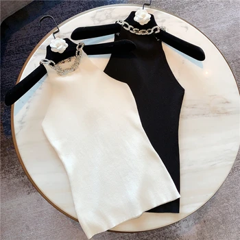 

Sesy Top for Women Simple Tight Knitted Tank Top Rhinestone Collar Strapless Sleeveless Knitted Shirt Ladies Cropped Tops Mujer