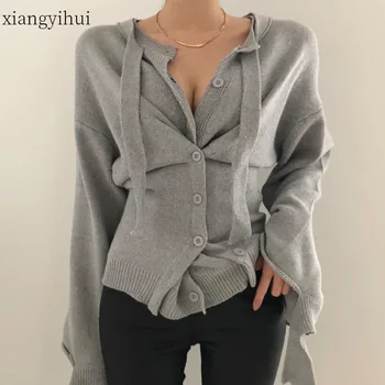

Grey O-neck Sexy Long Sleeve Lace Up Knitted Cardigans Women Single-breasted Sweaters Female Autumn Winter Irregular Cardigan