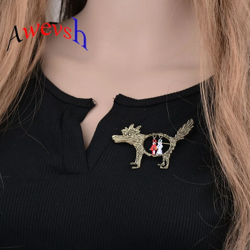 

Awevsh 2019 Great Sell Hot Vintage Wolf Brooch Jewelry Little Red Riding Hood Unique Cartoon Punk Brooches Pins For Party