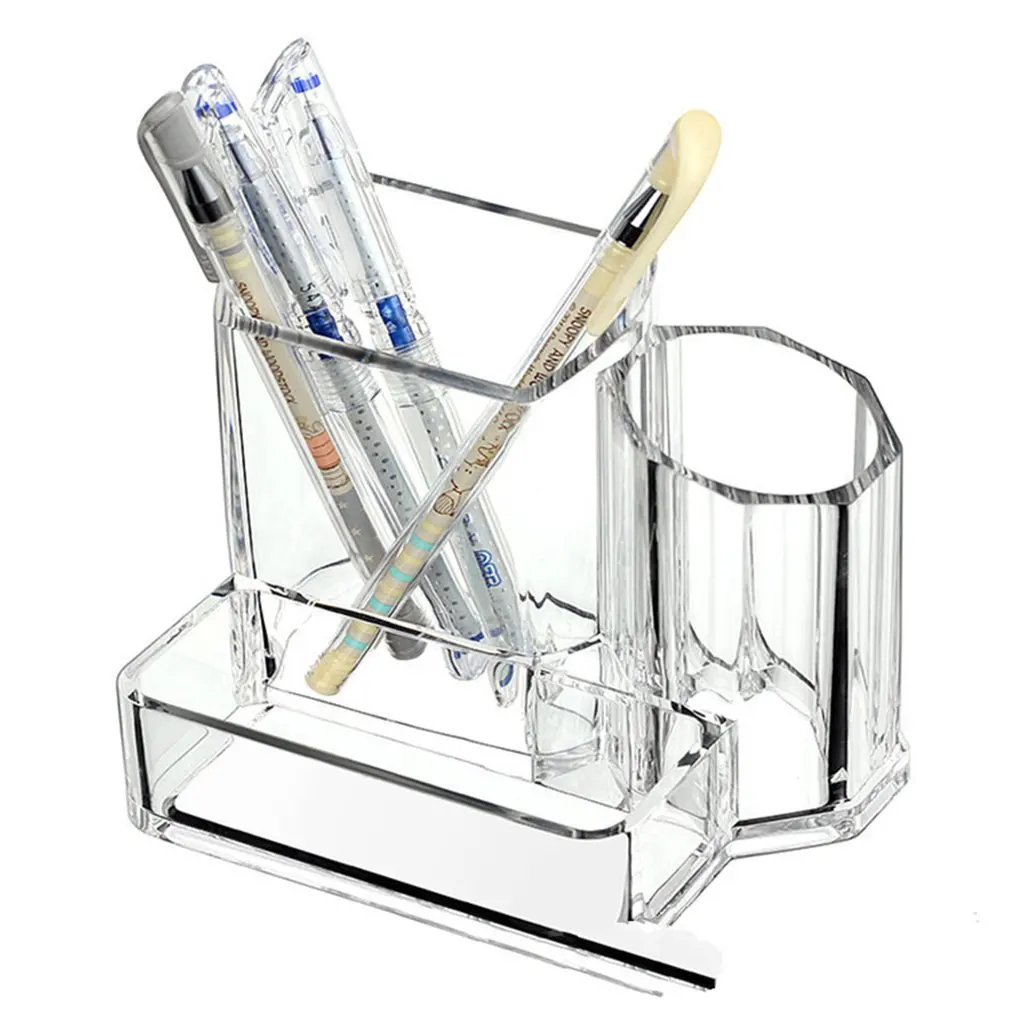 Acrylic Pencil Pen Holder 3 Compartments Business Card Desktop Organizers