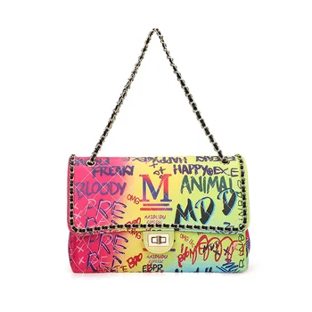

New Graffiti Women Bag Hand-painted Silk Flap Small Square Printing Single Shoulder Messenger Bag Lady Chain Bag Girls' Fashion