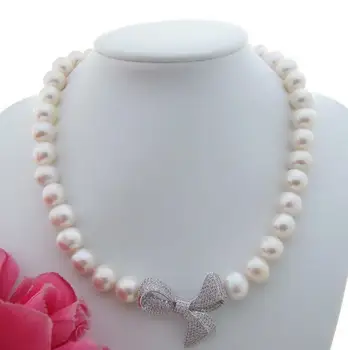 

Fashion jewelry Free Shipping 19" 10-11MM White Freshwater Pearl Necklace CZ Pendant